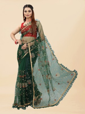 Barkiya Creation Embroidered Bollywood Net Saree(Green)