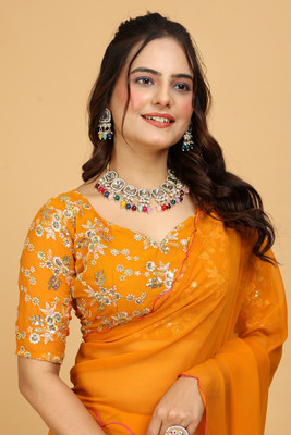 K 5 FASHION Embroidered Bollywood Georgette Saree(Mustard)