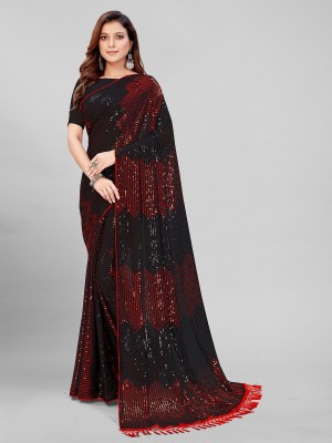 Granthva Fab Self Design, Embroidered, Embellished Bollywood Georgette Saree(Red, Black)