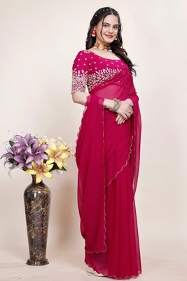 SAADHYA CREATION Embroidered, Solid/Plain Bollywood Georgette Saree(Maroon)