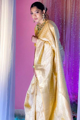 NIRLABH Striped Banarasi Pure Silk Saree(Cream)