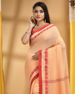 Desh Bidesh Woven, Solid/Plain, Self Design Handloom Cotton Blend, Pure Cotton Saree(Orange)