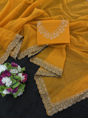 VarniRaaj Fashion Embellished Bollywood Supernet Saree(Gold)