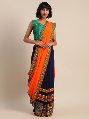 Divastri Embroidered Bollywood Georgette Saree(Orange, Dark Blue)