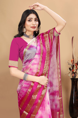Aarunika SKT Solid/Plain Bandhani Organza Saree(Pink)
