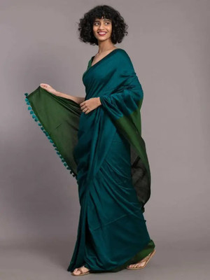 FASHIONIUM Solid/Plain Handloom Cotton Blend Saree(Dark Green)