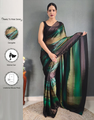 Samah Solid/Plain, Ombre, Embellished Bollywood Georgette, Chiffon Saree(Green, Black)