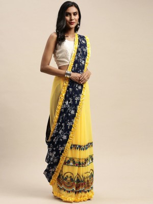 Divastri Embroidered Bollywood Georgette Saree(Yellow, Blue)