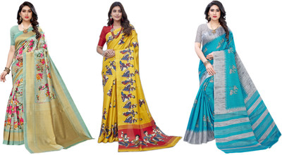 YASHIKA Printed, Woven Kalamkari Art Silk Saree(Pack of 3, Light Green, Yellow, Grey, Blue)
