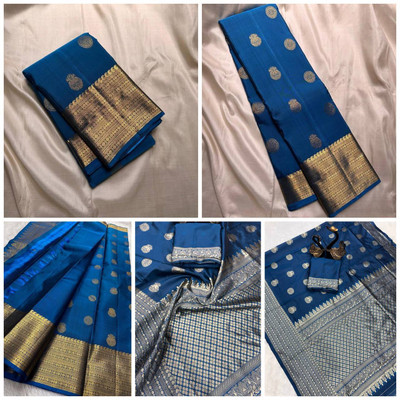 GATISHVAM TEXTILE Temple Border Banarasi Art Silk Saree(Dark Blue)
