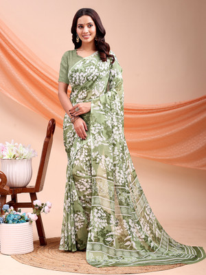 VIBHAGYAA Printed Daily Wear Chiffon Saree(Light Green, White)