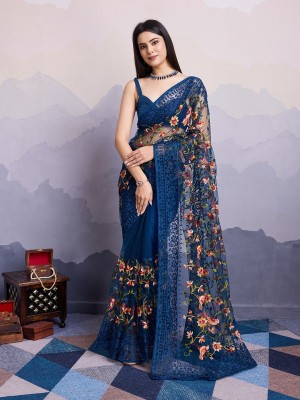 shree maruti fashion Embroidered Bollywood Net Saree(Blue)