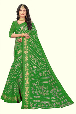 RUNAYA NX Digital Print Bandhani Cotton Blend Saree(Green)