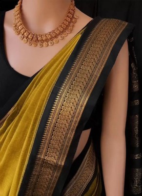 SWDHRM Striped Kanjivaram Jacquard, Pure Silk Saree(Mustard, Black)