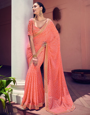 Samah Printed, Embroidered, Embellished Bandhani Chiffon, Georgette Saree(Orange, White, Gold)