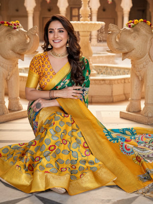 ZAMUNA Digital Print, Floral Print, Woven, Animal Print Banarasi Tussar Silk, Linen Saree(Yellow, Green)