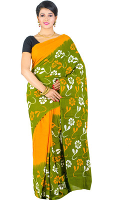 KheyaliBoutique Hand Painted Hand Batik Handloom Pure Cotton Saree(Green)
