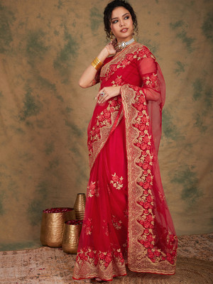 manvaa Embroidered Bollywood Net Saree(Red)