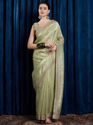 ANOUK Embroidered Bollywood Tissue Saree(Light Green)