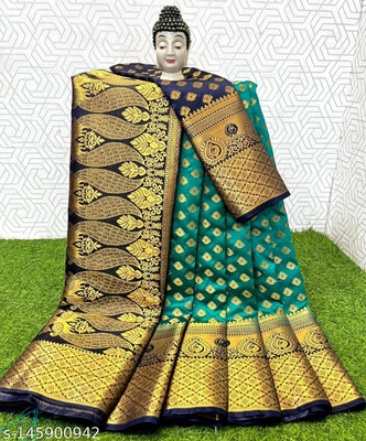 khanjan hub Printed Banarasi Jacquard, Art Silk Saree(Dark Green)