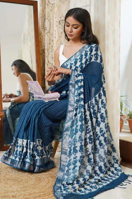 HITESH ENTERPRISE Digital Print Pochampally Cotton Linen Saree(Blue)