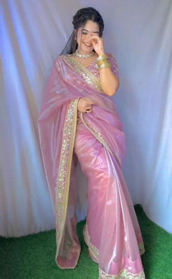 ShivGori Embroidered, Embellished Bollywood Tissue, Net Saree(Pink, Gold)