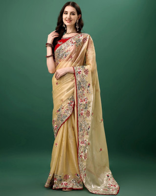 shree maruti fashion Embroidered Bollywood Jimmy choo Saree(Cream)