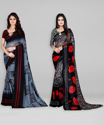 Leelavati Printed Bollywood Georgette Saree(Pack of 2, Black, Grey)
