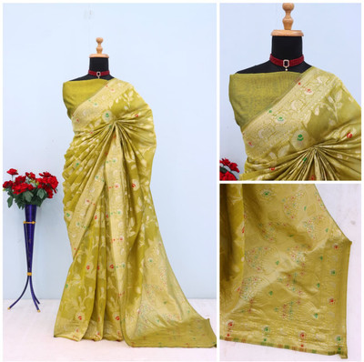 Aviora Floral Print Handloom Cotton Linen Saree(Yellow)