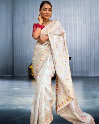 RUCHAA FASHION Woven Banarasi Silk Blend Saree(White)