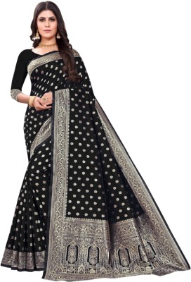 Houri Fab Printed Kanjivaram Cotton Silk, Jacquard Saree(Black)