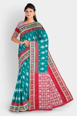 LYANNA Temple Border, Solid/Plain Sambalpuri Handloom Cotton Linen Saree(Green)