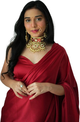 Sataz Solid/Plain Pre Draped Saree Satin Saree(Maroon)