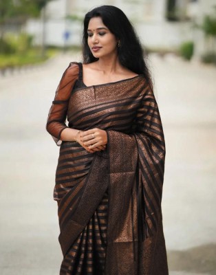 Samah Woven, Embellished, Self Design Banarasi Art Silk Saree(Black, Brown, Gold)