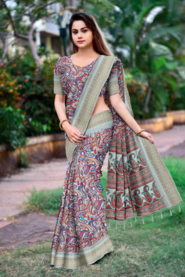 Dharmeta Enterprisre Digital Print Bollywood Cotton Silk Saree(Grey)