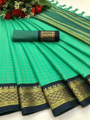 JbWorld Checkered, Woven Gadwal Cotton Silk, Pure Silk Saree(Light Green, Blue)