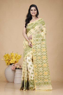 Bong ButiQ Woven Jamdani Cotton Blend Saree(Cream)