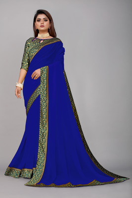 Georgette Saree Solid/Plain Jamdani Georgette, Crepe Saree(Dark Blue)