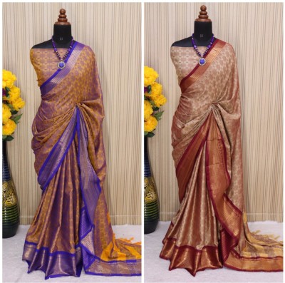 VRINDITA FASHION Woven Mysore Jacquard, Cotton Silk Saree(Pack of 2, Gold, Beige)