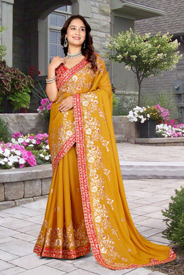 Aksh Fashion Embroidered Bollywood Georgette Saree(Yellow)