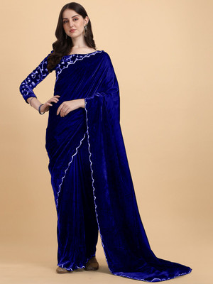 Apnisha Solid/Plain Bollywood Velvet Saree(Blue)