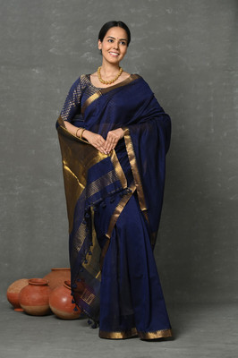 Very Much Indian Solid/Plain Handloom Pure Cotton Saree(Blue)