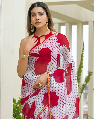 Samah Floral Print, Geometric Print, Printed Daily Wear Chiffon, Georgette Saree(White, Red)