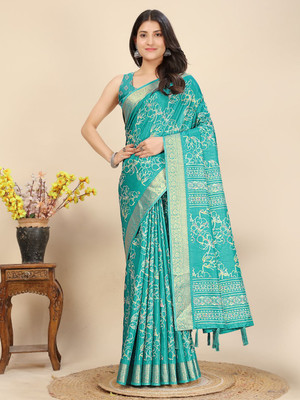 HouseOfCommon Printed Arani Pattu Art Silk Saree(Light Blue)