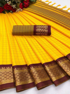 JbWorld Checkered, Woven Gadwal Cotton Silk, Pure Silk Saree(Yellow, Maroon)