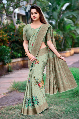 Dharmata Enterprise Digital Print Banarasi Crepe Saree(Light Green)