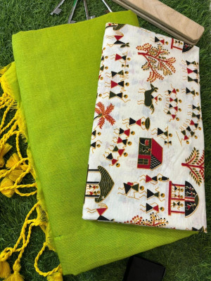 SMRITI HANDLOOM Printed Kalamkari Handloom Pure Cotton Saree(Light Green, White)