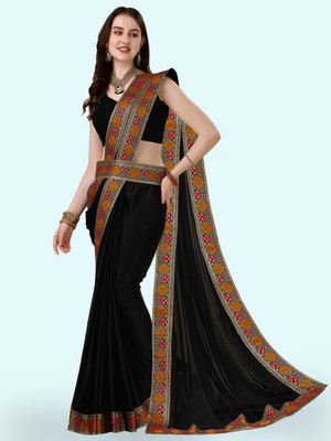 Anugrah Textile Solid/Plain Banarasi Lycra Blend, Chiffon Saree(Black)