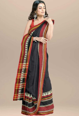 ANAMIKA Store Digital Print Handloom Cotton Blend Saree(Black)