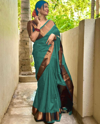 YASHIKA Woven Banarasi Cotton Silk, Jacquard Saree(Green)